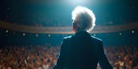 Elderly performer with white hair facing audience in grand theater, dramatic stage lighting creating silhouette against blurred crowd background.