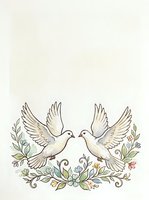 Two white doves facing each other with spread wings, surrounded by decorative floral elements and botanical ornaments on cream background. Isolated design suitable for wedding invitations, peace symbolism, greeting cards, and decorative artwork.