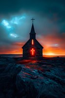 Small stone church with glowing cross windows against dramatic sunset sky and moody turquoise clouds, illuminated from within on rocky terrain at dusk.