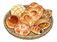 Assorted fresh baked goods arranged in woven basket including croissants, rolls, and pastries. Isolated on white background, ready for bakery, food, and culinary design projects.