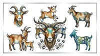 Goat illustrations in various poses and styles, including realistic and decorative designs with horns and standing positions, suitable for livestock farming, agriculture, and design projects.