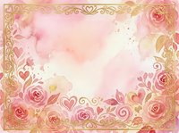 Romantic floral frame with pink roses, gold ornamental border, and watercolor hearts on isolated white background. Perfect for wedding invitations, greeting cards, and romantic design projects.