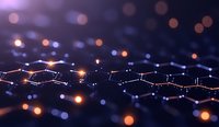 Glowing molecular structure with hexagonal grid pattern on dark background illuminated by orange and blue bokeh lights, science concept visualization.