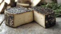Artisanal aged cheese wheel with dark charcoal rind cut to reveal creamy white interior, displayed on rustic wooden surface with fresh herbs, macro food photography.