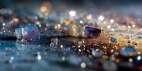 Colorful healing crystals on wet surface with bokeh lights creating mystical atmosphere for spiritual practices and alternative medicine.