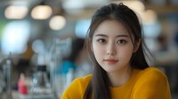 Young Asian woman in yellow sweater smiling gently at camera in modern office or cafe setting with soft bokeh background lighting creates warm professional atmosphere.