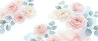 Soft watercolor roses in blush pink tones with eucalyptus leaves on white background. Romantic floral pattern for wedding invitations and feminine designs.