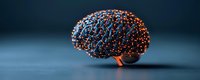 Glowing neural network shaped as human brain with interconnected orange and blue light points representing artificial intelligence and machine learning.
