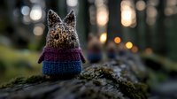 Knitted toy fox wearing cozy sweater sitting on mossy log at sunset with dreamy bokeh forest background, creating magical woodland atmosphere.
