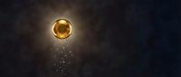 Golden serum bubble with droplets floating on dark smoky background, luxury cosmetic essence concept for skincare and beauty product design.