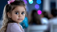Young girl with long brown hair and pink bow looking at camera with innocent expression against blurred colorful bokeh background in soft lighting.