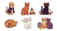 Cute cartoon cats with magical and mystical elements, isolated on white background. Perfect for children's books, greeting cards, stickers, t-shirt designs and clipart projects.