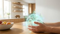 Hands cupped holding glowing turquoise energy sphere in modern kitchen interior with wooden shelves and natural light streaming through windows.