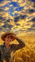 Young male farmer in straw hat and work clothes smiling in golden wheat field under dramatic golden and blue sky. Suitable for agriculture, farming, harvest, and rural lifestyle content.