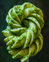 Fresh twisted soft serve ice cream swirled with bright green matcha tea powder and herbs against dark background, close up macro food photography.