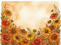 Watercolor autumn floral frame with orange and yellow flowers on textured paper background. Decorative border design for seasonal greeting cards and invitations.