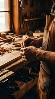 Skilled craftsman hands working with wood in traditional workshop with vintage tools and warm natural lighting for artisan projects.