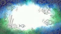 Underwater ocean frame with tropical fish, coral reef and marine life in blue and green watercolor style with white center space for text or design elements.