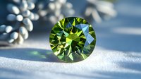 Brilliant green diamond gemstone with faceted cut on white surface in natural lighting, showcasing luxury sparkle and professional jewelry photography.