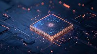 Glowing microprocessor on circuit board with orange and blue light effects, digital technology concept showing electronic components and connectivity.