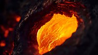Glowing orange lava flows through dark volcanic cave tunnel, creating dramatic natural light effect with molten rock textures and intense heat patterns.