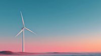Tall wind turbine against gradient sky with pink and teal hues, symbolizing renewable energy and sustainable power generation at sunset.