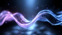 Magical glowing wave with sparkling particles flowing in dark space, blue and pink gradient colors creating ethereal light effect on black background.