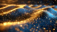 Abstract golden light waves flowing through dark blue space with sparkling particles and bokeh effects creating magical luminous energy streams.