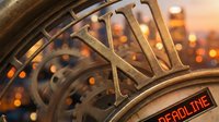 Vintage clock face showing Roman numerals with warm golden bokeh lights in background creating atmospheric time concept for business and deadline themes.