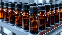 Rows of amber glass essential oil bottles with black caps on metal tray, selective focus on center bottle. Professional aromatherapy and pharmaceutical concept.