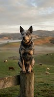 Australian cattle dog sitting on wooden fence post in rural countryside with rolling hills and grazing livestock during golden hour sunset light.