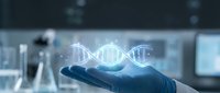 Scientist in lab coat holding glowing DNA helix hologram, representing genetic research, biotechnology innovation, and molecular biology advancement in modern laboratory setting.