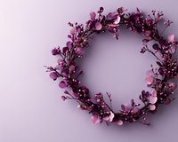 Delicate purple floral wreath with small blossoms and berries on soft lilac background, circular arrangement for seasonal decor and celebrations.