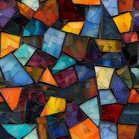 Abstract geometric pattern with vibrant stained glass effect featuring irregular shapes in orange, blue, turquoise, red, and purple hues against dark outlines. Seamless repeat design.