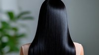 Young Asian woman with long straight black glossy hair shown from behind, demonstrating healthy, silky smooth hair texture against blurred green plant background.
