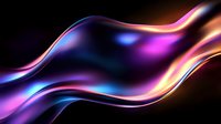 Flowing liquid metal waves with iridescent purple, blue and pink neon colors on black background create dynamic abstract composition with glossy metallic texture.