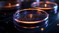Glowing petri dish with luminescent bacteria colonies in dark laboratory setting, scientific research specimen illuminated against black background with bokeh effects.