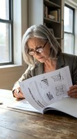 Senior businesswoman with gray hair and glasses reviewing financial reports and documents at office desk near window for professional analysis.