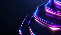 Abstract neon glowing shapes with blue and purple light effects on dark background create futuristic technological atmosphere for modern designs.