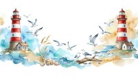 Watercolor lighthouse scene with red and white striped towers, flying seagulls, coastal vegetation, and soft blue and beige washes. Suitable for nautical decor and maritime designs.