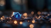 Glowing blue twenty-sided dice on dark textured surface with magical bokeh lights creating mystical gaming atmosphere. For tabletop gaming and fantasy concepts.