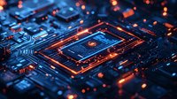 Glowing microchip on circuit board with orange light effects and bokeh, modern processor technology closeup macro photography for tech industry.
