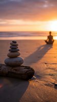 Zen stone stack on beach at sunset with person meditating in background creating peaceful mindfulness scene for wellness and spiritual balance concepts.