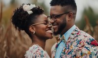 Young African American couple sharing intimate moment outdoors, wearing floral patterns and glasses, expressing genuine joy and connection in natural setting.