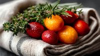 Fresh red and yellow cherry tomatoes with water drops and aromatic herbs on rustic linen cloth, macro food photography for restaurant menu and cooking blogs.