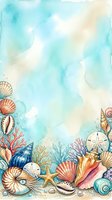 Watercolor ocean frame with seashells, coral, starfish and marine life on turquoise background for summer designs and coastal themed projects.