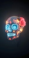 Glowing neon sugar skull with pink rose decoration against dark background, featuring floral patterns and electric blue light effects, day of dead style artwork.
