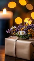 Wrapped gift box with dried wildflowers and twine on wooden surface against warm candlelight and bokeh background creates cozy holiday atmosphere.