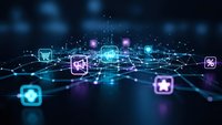 Digital network with glowing icons and connected nodes representing modern technology, e-commerce, and data communication systems for business applications.