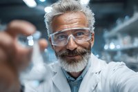 Senior male scientist with gray hair and beard wearing safety glasses in laboratory, examining sample with confident expression.